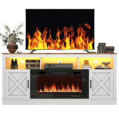 Farmhouse Fireplace TV Stand for 70/75/80” TV, 71” Entertainment Center with 36”Electric Fireplace & LED Light, White/Grey