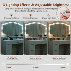 43.3" Vanity Desk with Large Lighted Mirror, 7 Drawers & 10 Lights Bulbs, 3 Lighting Colors, Vanity Table for Women Girls