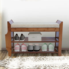 2-Tier Bamboo Shoe Bench w/ Seat Removable Cushion Entryway Shoe Organizer Shelf w/ Drawer