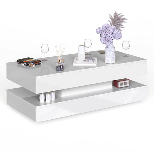 47.3IN High Glossy LED Coffee Table,Modern Center Table with 2 Storage Drawers for Living Room