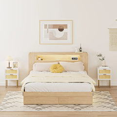 Rattan Nightstand with Charging Station, 2 Drawer Dresser for Bedroom, Small Bedside Table with 2 Drawers, Night Stand,