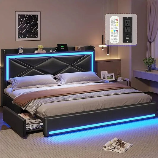 King Bed Frame with Storage Drawers and LED Lights, Pu Leather Platform Bed King Size with Headboard Storage, Type-C & USB C