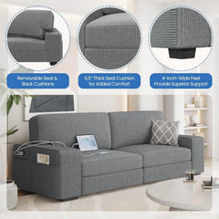 Modern Sofa Couch Corduroy Fabric Sofa with USB Charging Ports & Side Storage Pockets for Living Room Apartment