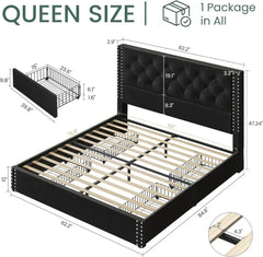 Queen Size Upholstered Bed Frame with Storage Velvet Platform Tufted Bed Frame with 4 Drawers and Headboard,  Black Bed