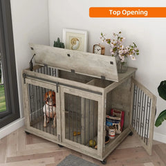 Dog Crate, End Table with Wheels and Flip Top Plate Dog House with Detachable Divider and Sliding Barn Door, Dog Crate