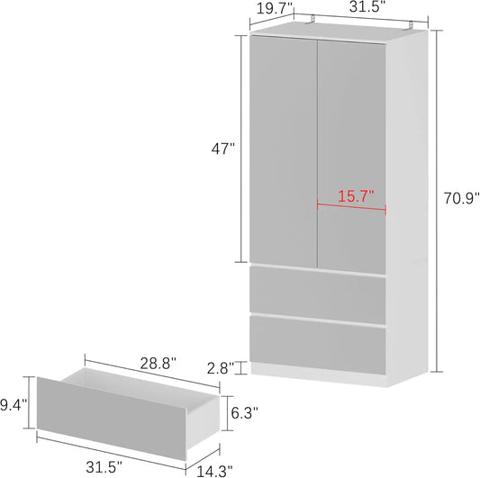 Hitow Wardrobe Armoire Closet with Full Length Mirror,Bedroom Storage Cabinet Organizer,White (19.5" D x 31.5" W x 70.9" H)