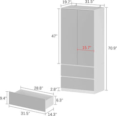 Hitow Wardrobe Armoire Closet with Full Length Mirror,Bedroom Storage Cabinet Organizer,White (19.5" D x 31.5" W x 70.9" H)