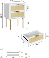 Rattan Nightstand with Charging Station, 2 Drawer Dresser for Bedroom, Small Bedside Table with 2 Drawers, Night Stand,