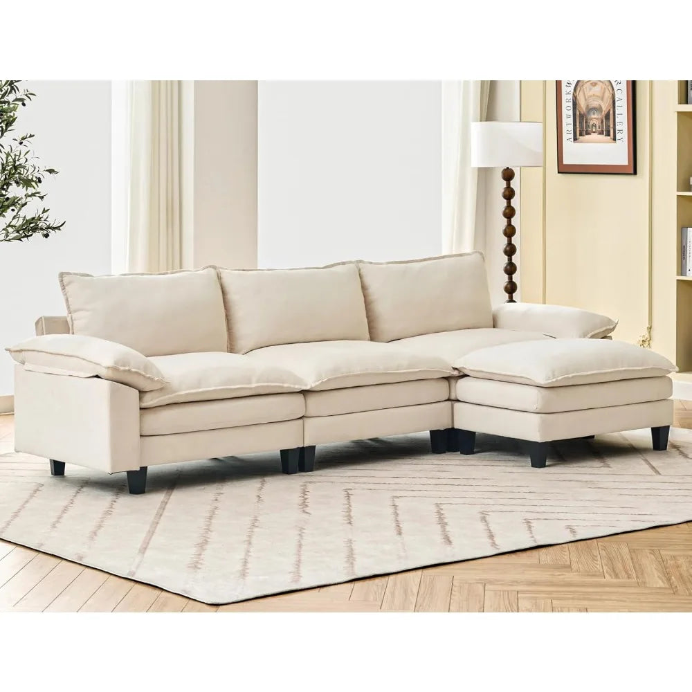 118" 3 Seat Cloud Couches for Living Room, L-Shape Sectional Couch with Ottoman, Modular Sectional Sofa for Apartment, Sofa