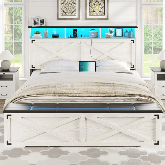 Farmhouse Queen Bed Frame with Storage Headboard,Charging Station and LED Lights Queen Size Platform Frame with ,Antique White