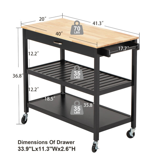 Kitchen Island Carts on Wheels w/Rubberwood Top, Mobile Rolling Cart with Storage Drawer & Shelves, Kitchen Islands Table, Black