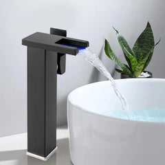 Black Bathroom Vessel Faucet Led Light 3 Color Changing Waterfall Single Handle One Hole Bowl Sink Faucet Vanity Lavatory Deck