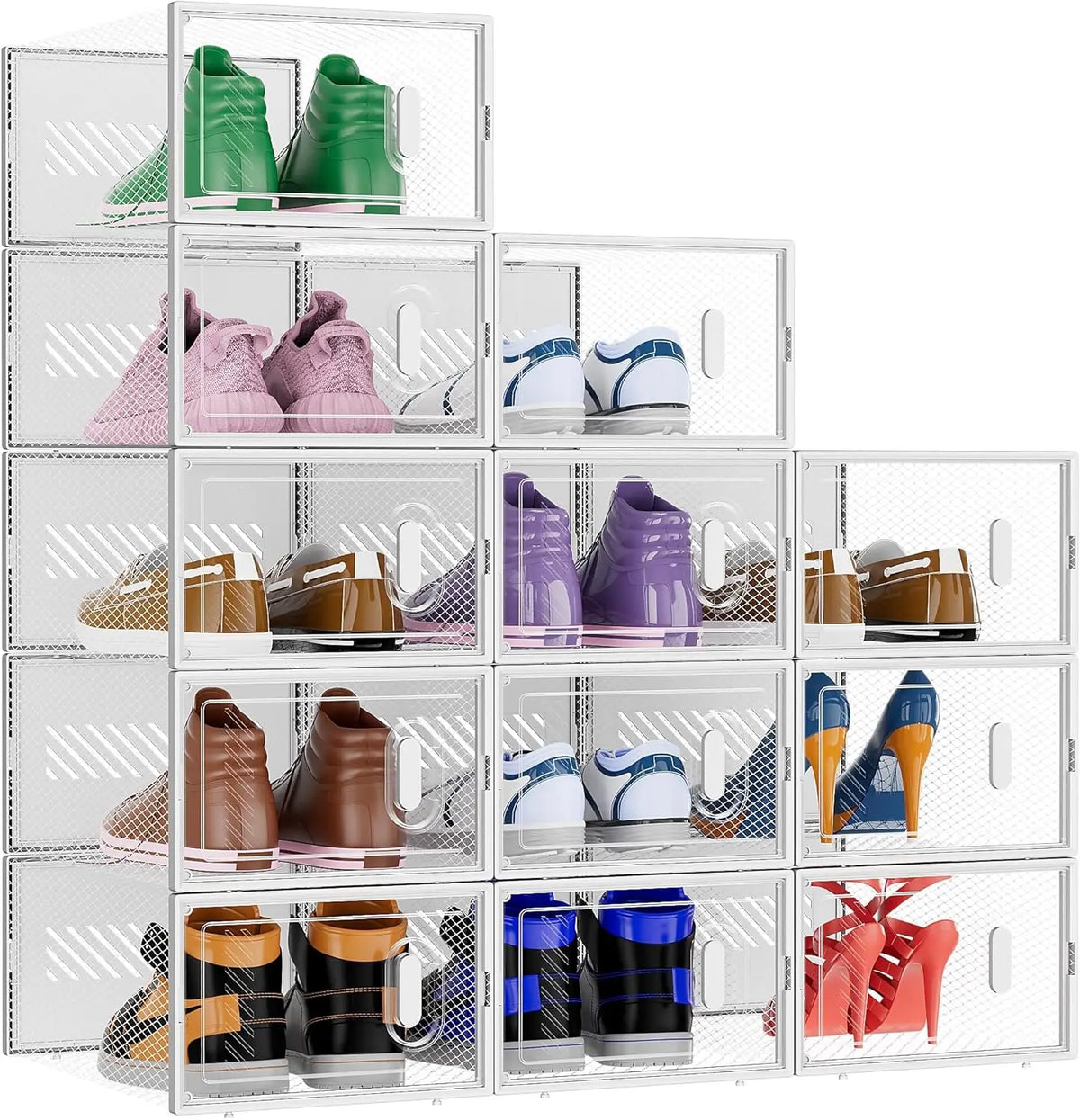 12 Pack Stackable Shoe Storage Boxes Fit Size 11, Thickened Clear Shoe Box Bins with Lids, Plastic Foldable Shoe Rack (X-Large)