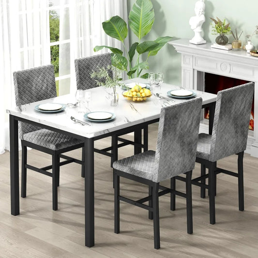 Dining Table Set for 4, Kitchen Table and Chairs Set of 4, Faux Marble Dinner Table Set with 4 Upholstered Chairs, Dining Room