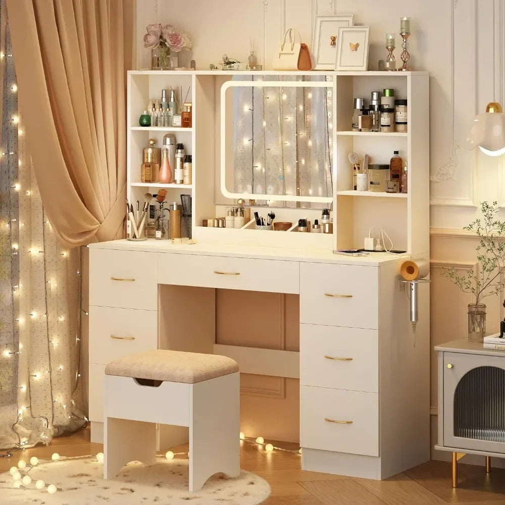 Air Dresser LED White Vanity Set With Stool and Power Outlet Bedroom Furniture Home Makeup Vanity Table Girls(White) Furnitures