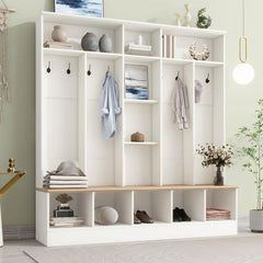 Wide Hall Tree with Storage Bench for Entryway, Bench with 10 Hooks, Coat Rack with Storage Shoe Cubbies and Cabinets, White