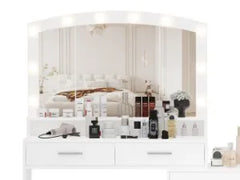 Irontar Vanity Desk with Large Mirror and 3-Color Lights, Makeup Vanity with 8 Drawers & Open Shelf, Side Cabinet