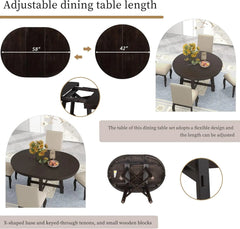 5-Piece Farmhouse Dining Table Set Wood Round Extendable Dining Table and 4 Upholstered Dining Chairs