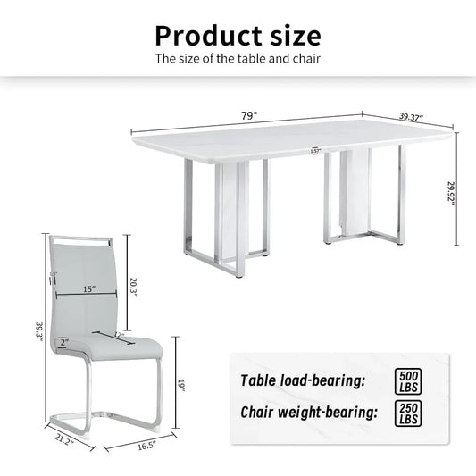 79 Inch Modern Dining Table, Capable of Accommodating 8 People, Artificial Marble Dining Table with Silver Metal Base