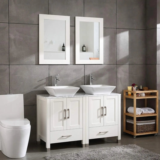 Double Sink White Bathroom Vanity Cabinet Solid Wood Marble Top Mirror Faucet&Drain Set White sink