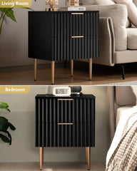 Black Night Stand Set 2, Wide Fluted Nightstand with 2 Drawers, Modern Glossy Storage Bedside Table for Bedroom, End Sid