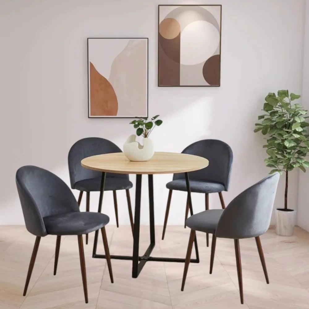 5-Pieces Modern 35'' Inch Round Natural Wooden Dining Table Set for 4 Comfortable Velvet Chairs, Space Saving Kitchen Furniture