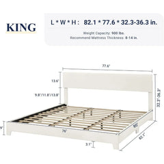 King Size Bed Frame with Adjustable Headboard, Upholstered Platform Bed with Wood Slats, Mattress Foundation, Noise-Free, White