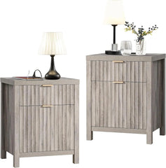 2 Drawer Nightstand,End Table with Charging Station,Night Stand with Fluted Panel,Bed Side Table Set of 2