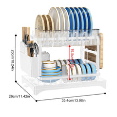 2 Tier Dish Bowl Drainer Storage Rack Kitchen Dish Drying Rack with Drain Basket Rust-Proof Countertop Dinnerware Organizer