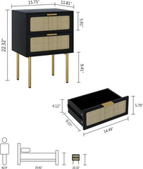 Rattan Nightstand with Charging Station, 2 Drawer Dresser for Bedroom, Small Bedside Table with 2 Drawers, Night Stand,