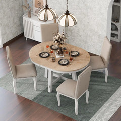 5-Piece Farmhouse Dining Table Set Wood Round Extendable Dining Table and 4 Upholstered Dining Chairs