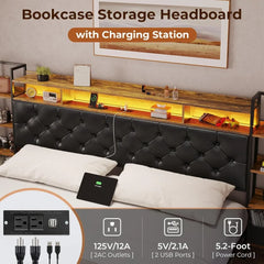 Bed Frame with Bookcase Storage Headboard and Charging Station,Metal Led Platform Bed,LED Lights,No Box Spring Needed,Bed Frames