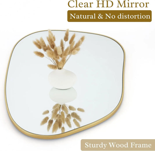 PERFNIQUE Irregular Wall Mirror Asymmetrical Mirror, 28''x20'' Golden Wood Framed Mirror for Bathroom Bedroom Living Room Entryw