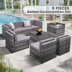 8PCS Outdoor Wicker Rattan Patio Furniture Sectional Set with Hidden Storage 7 Sofa Sections Oversized Cushions