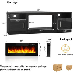 Fireplace TV Stand 70"Wooden TV Stand for TVs Up to 80"Media TV Console with High Gloss Storage Cabinet and 16 Colors LED Lights