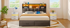 Bed Frame Queen Size with Drawers and Charging Station, Upholstered Platform Bed with Storage Headboard and LED Light,Bed Frames