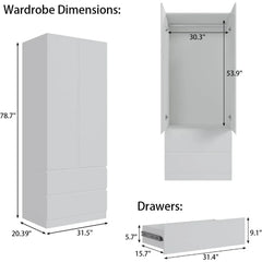 Large Armoire Wardrobe Closet with Drawers and Shelves, White Bedroom Armoires, Wooden Freestanding Wardrobe Armoire for Bedroom