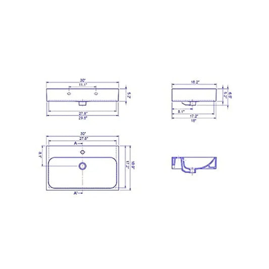 Rectangular White Ceramic Bathroom Sink Wall Mounted/Vessel Overflow 1 Hole Modern Design 30x18.9x5.1 080000-U