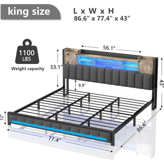 Queen Bed Frame with Storage Bookcase Headboard & LED Lights,Upholstered Bed Frame with USBCharging Station,No Box Spring Needed