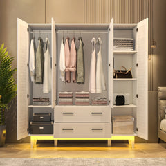 Large Capacity Wardrobe Armoire for Bedroom, 4 Door LED Wardrobe Closet with Drawers, Multi-Tier Shelves & Hanging Rod, White