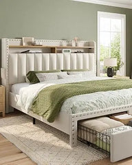 King Size Bed Frame with Storage and Headboard, Upholstered Bed Frame with Storage, Bed Frame with 2 Drawers, Large size