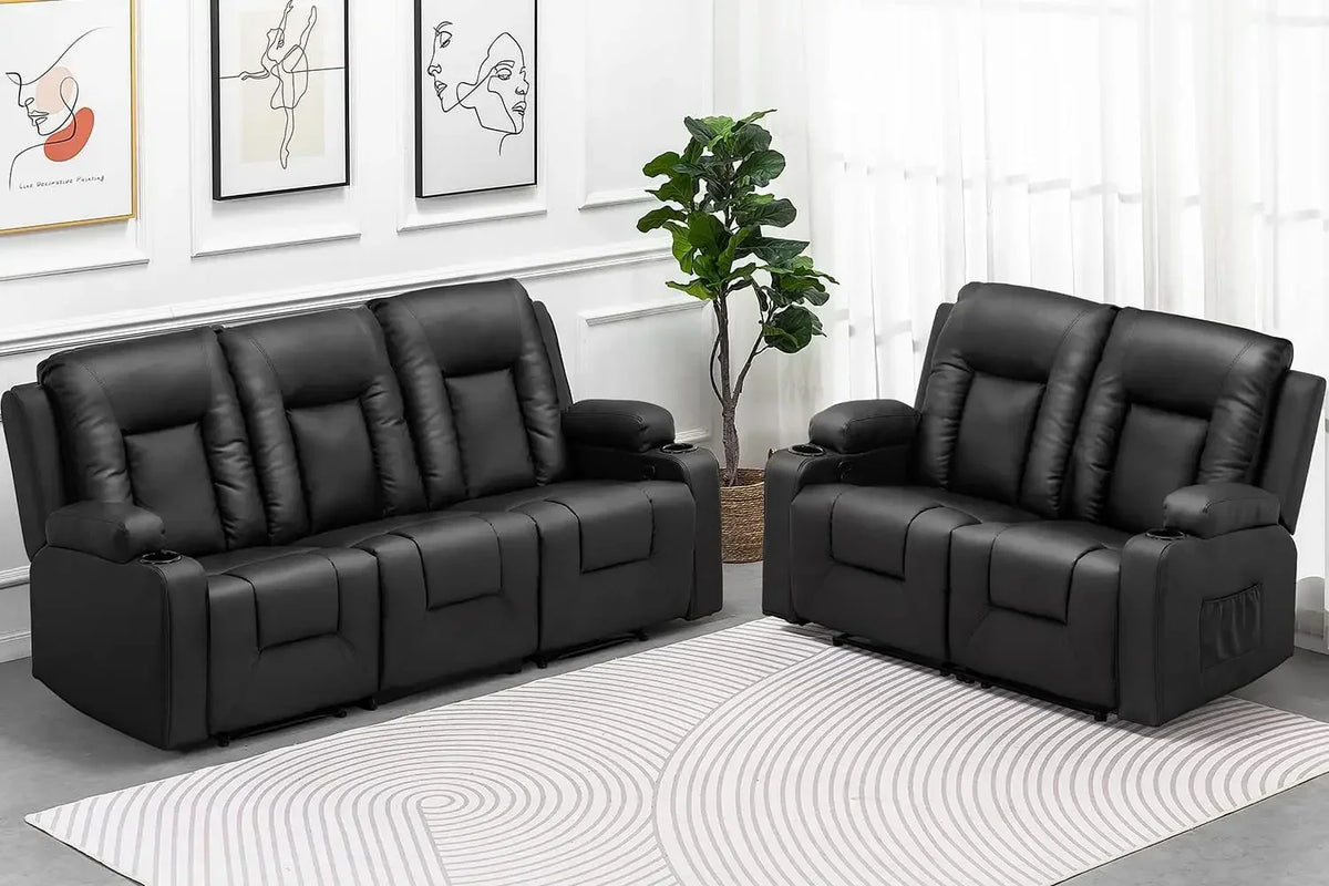 Recline Chair Set，Furniture 2PC Bonded Leather Recliner Set Living Room Set Sofa Loveseat BlackLiving Room Set 3+2