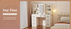 47'' Large Vanity Desk with Mirror and Lights, 7 Drawers, 8 Storage Shelves,  3 LED Lighting Modes, Vanity Dresser with Outlet