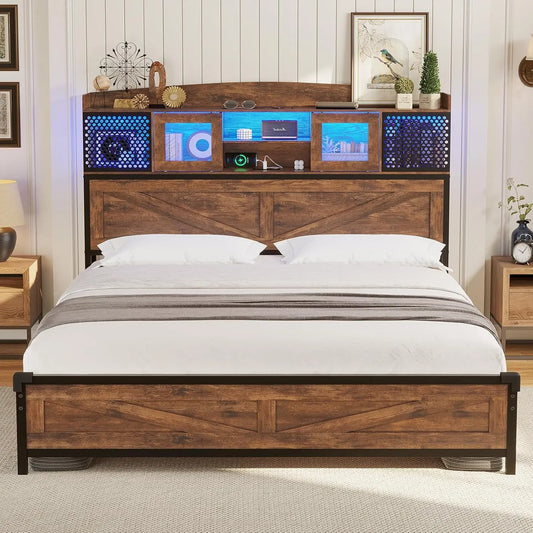 Farmhouse LED Queen Size Bed Frame with Tall Storage Headboard & 4 Drawers