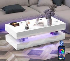 47.3IN High Glossy LED Coffee Table,Modern Center Table with 2 Storage Drawers for Living Room