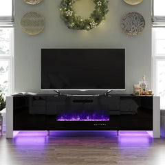 80" Fireplace TV Stand with 40" Electric Fireplace, High Gloss Entertainment Center with LED Lights, Modern Entertainment Stand