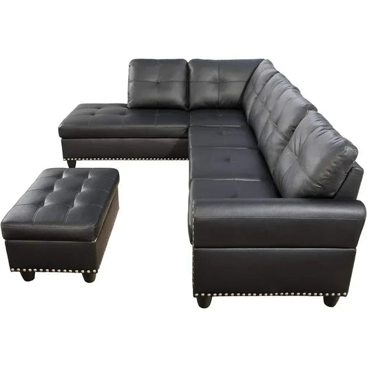 Faux Leather Sectional Sofa with Chaise Lounge, Storage Ottoman, 2 Cup Holders & Pillows, 6-Seater Upholstered Tufting Corner