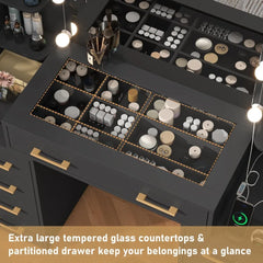 Glass Top Vanity Desk with Mirror & Lights, Large Vanity Makeup Mirror Desk with Charging Station & Compartment Storage Drawers,