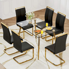 Glass Dining Table Set for 4,5 Piece Dining Table and Chairs Set，Modern Kitchen Dining Room Table with 4 Black PU Leather