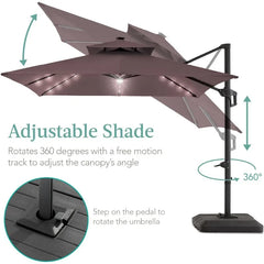 10x10ft 2-Tier Square Cantilever Patio Umbrella with Solar LED Lights, Offset Hanging Outdoor Sun Shade